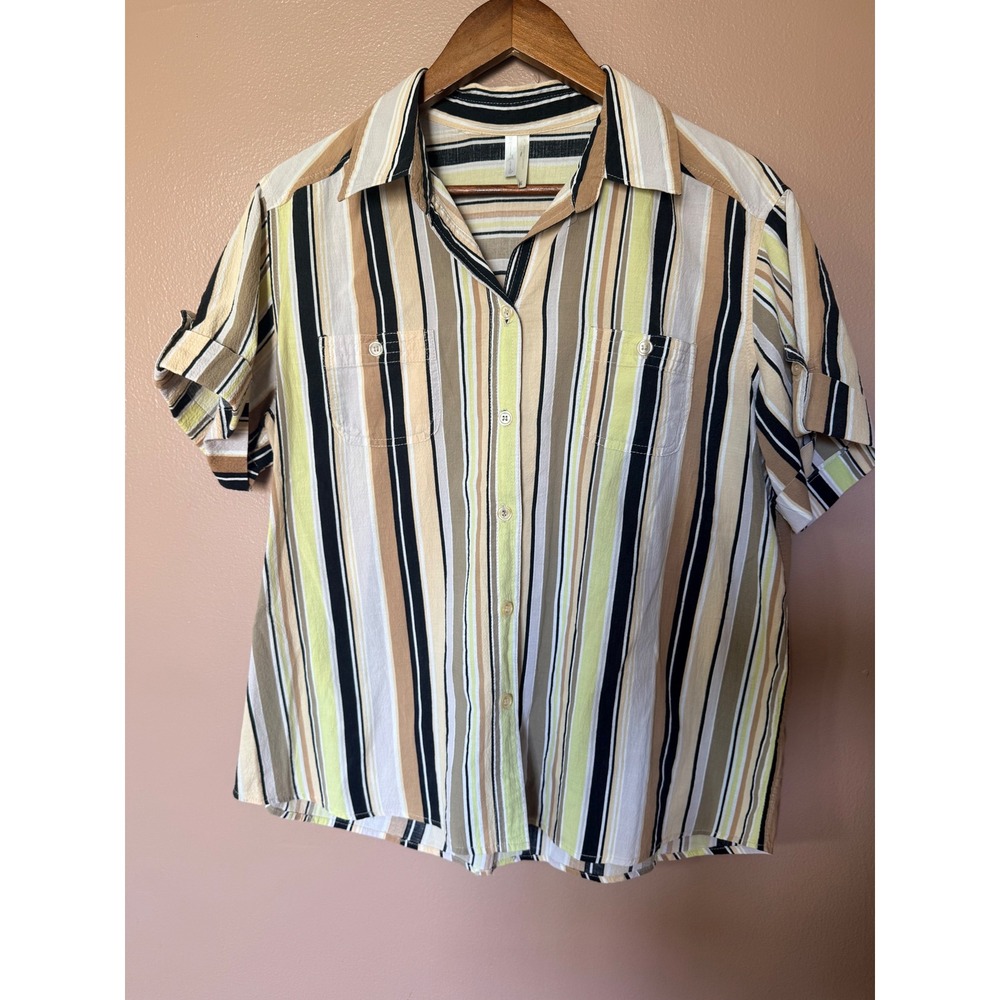 White Stag Large Neutral Stripe Short Sleeve Button Down Shirt Cotton Blend Top